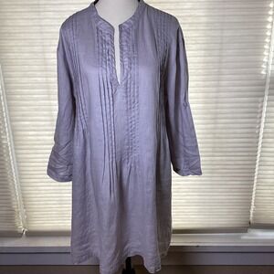Dolma 100% Linen Shirt Dress,‎ Gray, V‑Neck, Pin‑Tuck Detail, Size Large